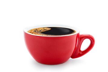 Red coffee cup on white background.