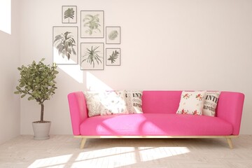 White stylish minimalist room with pink sofa. Scandinavian interior design. 3D illustration