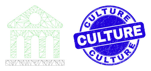 Obraz premium Web carcass library building icon and Culture seal stamp. Blue vector round grunge seal with Culture title. Abstract carcass mesh polygonal model created from library building icon.