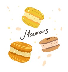 Colorful macaroons cookies. Menu dessert label product placements