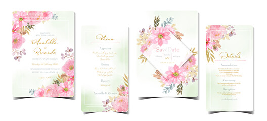 set of floral wedding invitation with watercolor pink flowers and abstract green background