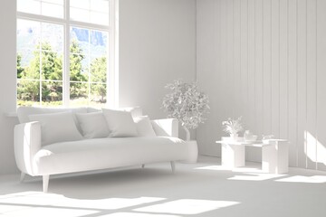 Stylish room in white color with sofa and green landscape in window. Scandinavian interior design. 3D illustration