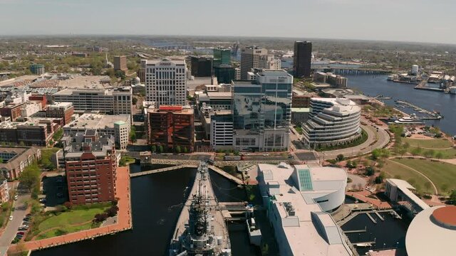 Both Norfolk and Portsmouth Virginia can be seen in this aerial view