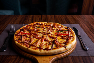 pizza on a wooden table