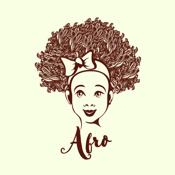 Little Afro-American girl with curly, big hair and ribbon bow head band.Smiling cute child.