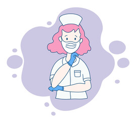 Pretty nurse in medical white workwear, mask and blue gloves. A doctor saves people from a virus and a pandemic. Vector drawing of a flat man on a purple background. Pandemic concept. 