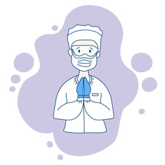 Surgeon, doctor in medical white overalls and protection against viruses - mask, glasses, hat, gloves. The doctor crossed his arms and prayed. Medicine and saving. Vector drawing on purple background.