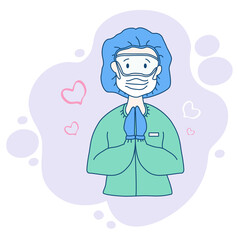 Surgeon in medical overalls and protection against the virus - mask, glasses, hat, gloves. The doctor crossed his arms and prayed. Pandemic concept. Vector drawing on a purple background.