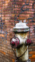 Old Rusty vintage fire hydrant, brick wall in the background 