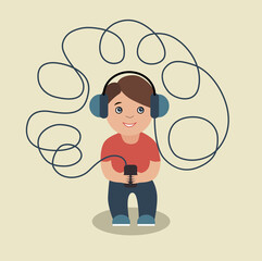 Teenager in big blue headphones listening to music on mobile phone. Very long wire from headphones. Vector illustration, flat concept.