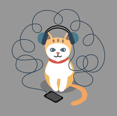 Cat in big blue headphones listening to music on mobile phone. Very long wire from headphones. Vector illustration, flat concept.
