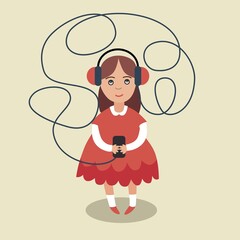 Girl in big red headphones listening to music on mobile phone. Very long wire from headphones. Vector illustration, flat concept.