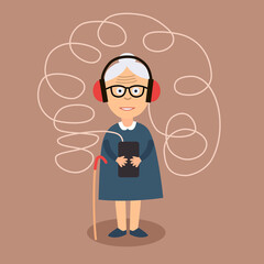 Old woman in big blue headphones listening to music on mobile phone. Very long wire from headphones. Vector illustration, flat concept.