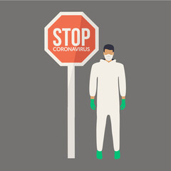 flat design person or male & medical face mask. infected character with warning sign. Corona virus pandemic. infection & spread vector. man stay home & stop coronavirus outbreak. health care medical