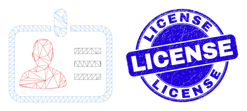 Web carcass person badge icon and License seal stamp. Blue vector rounded grunge seal stamp with License message. Abstract carcass mesh polygonal model created from person badge icon.