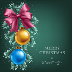Christmas tree branches with hanging colorful balls and satin pink ribbon bow. Greeting card template