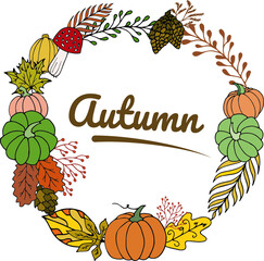 Vector Illustration Herbal Botanic Autumn Hand Drawn Cartoon Doodle Style Wreath With Pumpkins Isolated Elements White Background