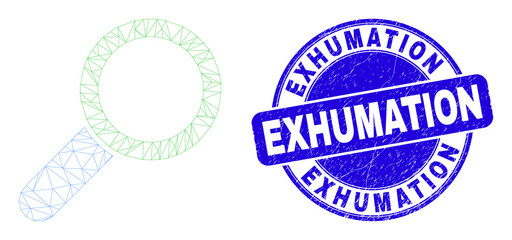Web carcass magnifier tool icon and Exhumation seal stamp. Blue vector rounded textured seal with Exhumation caption. Abstract carcass mesh polygonal model created from magnifier tool icon.