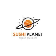 Sushi logo in japanese style. Roll with fish in space planet shape. Logotype vector concept.