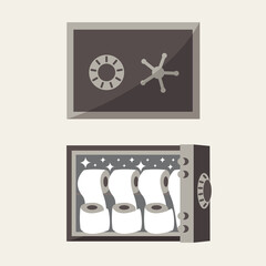 Basic consumer product cartoon isolated. shortage Lack icon coronavirus concept. funny creative flat design global Toilet Paper roll or tissue vector in full iron safe box. hamster buying illustration