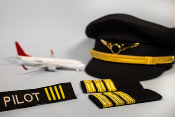 Various pilot stuff / a toy passenger plane, a badge with a writing 
