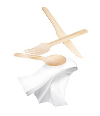 Ecological wood cutlery in the air, isolated on a white background