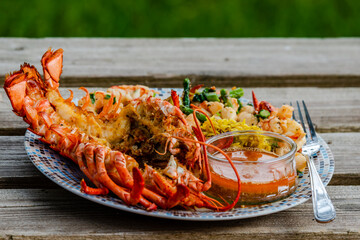 Cooked seafood and papillon style lobster