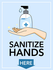 Use hand sanitizer here sign and symbol. Hand sanitized, wash hand using alcohol gel to protect from germs and stop spreading of Covid19 or Coronavirus, infection control concept