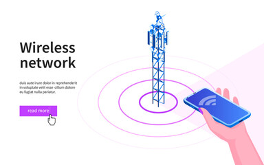Hand with mobile phone pointing towards the antenna. 5G network wireless technology. Broadcasting tower for high speed internet communication. Isometric vector illustration