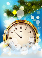 Fototapeta na wymiar New year clock before midnight. Antique watch in the snow. Illustration New Year Midnight Background with Clock and Fir Twigs - Vector