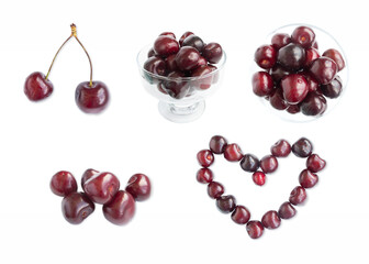 Cherry set from different angles on white. Red cherries isolated on a white cutout.