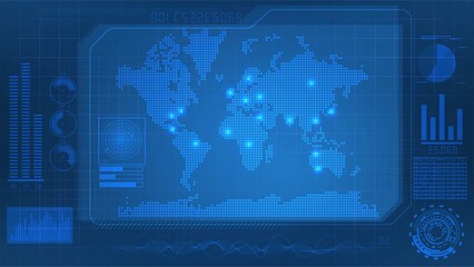 Blue luminous digital panel with graphs and a world map
