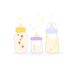 Three bottles for feeding a baby. Cartoon style