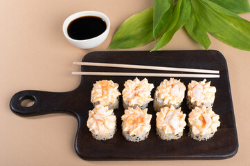 Lava Roll with cream cheese and shrimp on beige background