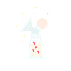 Manual breast pump with pipette bulb.  The bottle has a polka dot pattern. Milk with love from mom. Cute cartoon vector