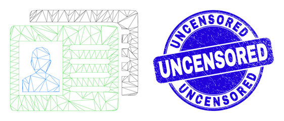 Web carcass user id cards icon and Uncensored seal. Blue vector rounded distress watermark with Uncensored caption. Abstract frame mesh polygonal model created from user id cards icon.