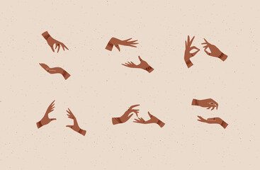 Hands pair with bracelets and rings in ethnical style in different positions to express emotions drawing on beige background