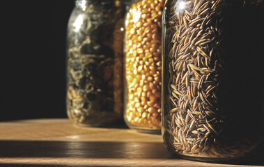 Herbs, cereals and corn in jars for storage in the pantry