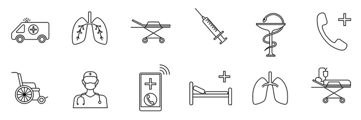 Obraz premium Set of medical icons: ambulance car, lungs, stretcher, patient, dropper, bed, phone call, app, doctor, wheelchair