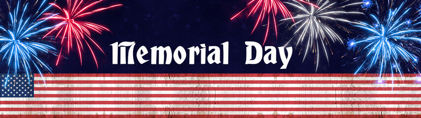 Memorial Day background banner panorama - Flag of united states, white lettering and blue, red, white firework isolated on blue dark rustic texture, with space for text