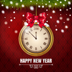 Fototapeta na wymiar Illustration New Year Midnight 2016 Glowing Background with Clock on the red classic background. Vector illustration
