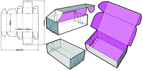 Box self assembly and Die-cut Pattern. The .eps file is full scale and fully functional. Prepared for real cardboard production.