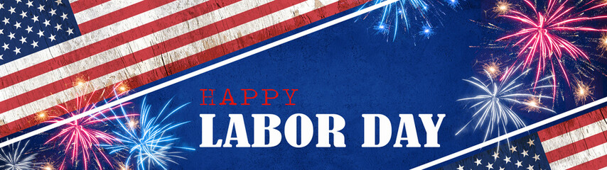 Happy Labor Day (September) background banner panorama - American flag and sparkler firework on dark blue texture