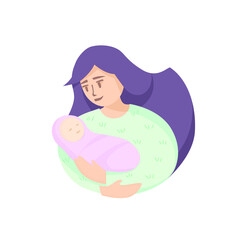 Mother holds the newborn in her arms. Feeling of happiness. Motherhood. Minimalistic cartoon style