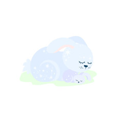 The hare sleeps with the cub. Sleeping rabbits are decorated with stars. Motherhood and care. Cute picture personifies mom's love for her child