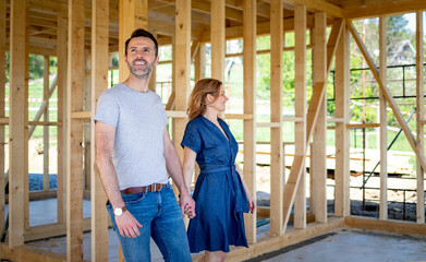 Wife and husband visiting building site of their new house with construction in background