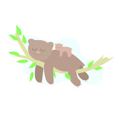 Mother bear resting with her cub. Bears are sleeping on a tree branch