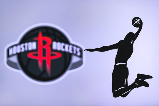 NEW YORK, USA, JUN 18, 2020: Houston Rockets basketball club logo, silhouette of jumping basket player, sport photo NBA, edit space.