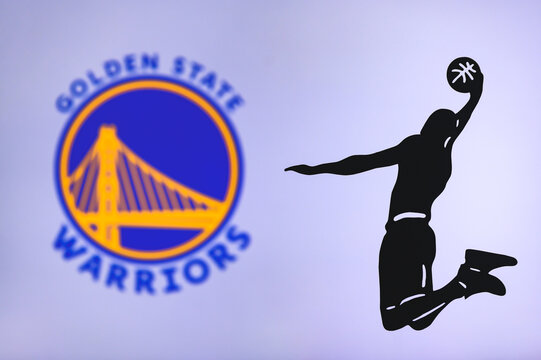 NEW YORK, USA, JUN 18, 2020: Golden State Warriors basketball club logo, silhouette of jumping basket player, sport photo NBA, edit space.