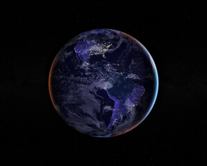 Night side of the Earth with city lights. North America and South America. Elements of this image furnished by NASA